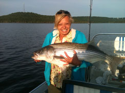 Pam with her 27 lb striper caught with Lake Norfork guide STR Outfitters